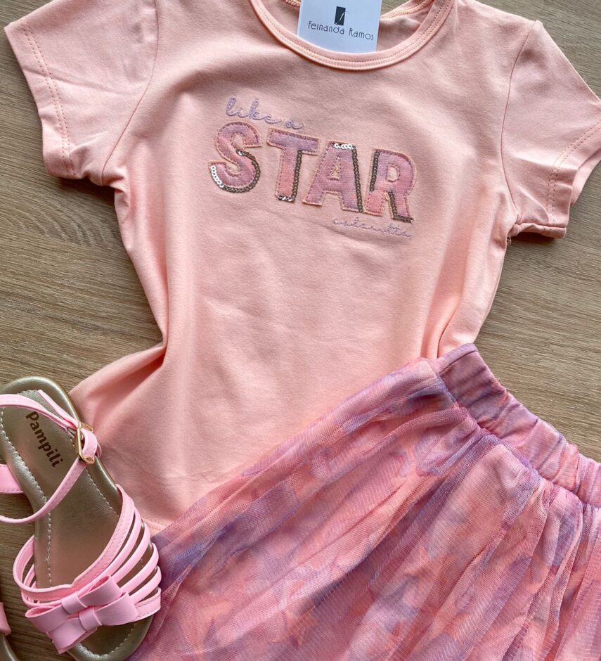 fernandaramoskids com br Conjunto Infantil Feminino Blusa e Short Saia com Tule Salmão 1