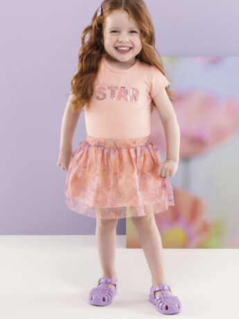 Conjunto Infantil Feminino Blusa e Short Saia com Tule Salmão Fernanda ramos kids