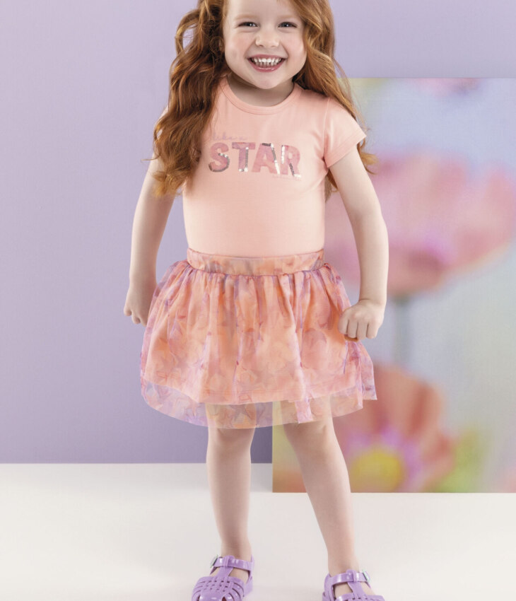 Conjunto Infantil Feminino Blusa e Short Saia com Tule Salmão Fernanda ramos kids