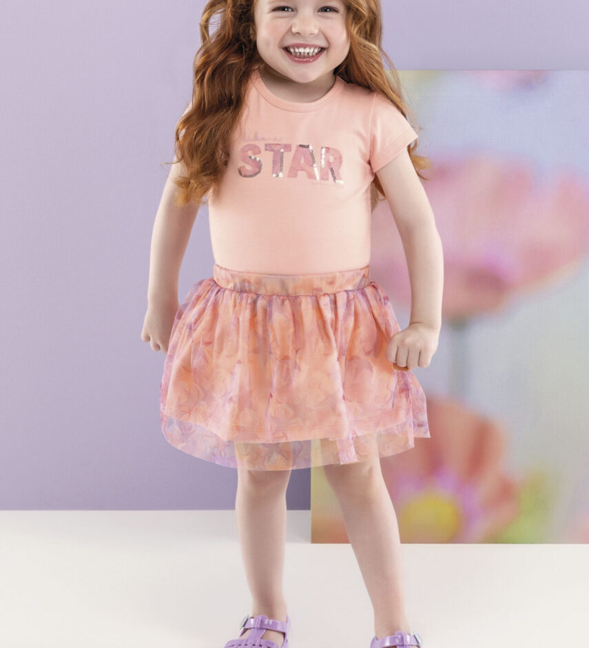 Conjunto Infantil Feminino Blusa e Short Saia com Tule Salmão Fernanda ramos kids
