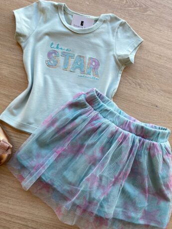 fernandaramoskids com br Conjunto Infantil Feminino Blusa e Short Saia com Tule Verde Água 1