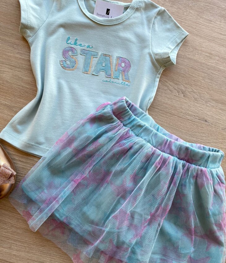 fernandaramoskids com br Conjunto Infantil Feminino Blusa e Short Saia com Tule Verde Água 1