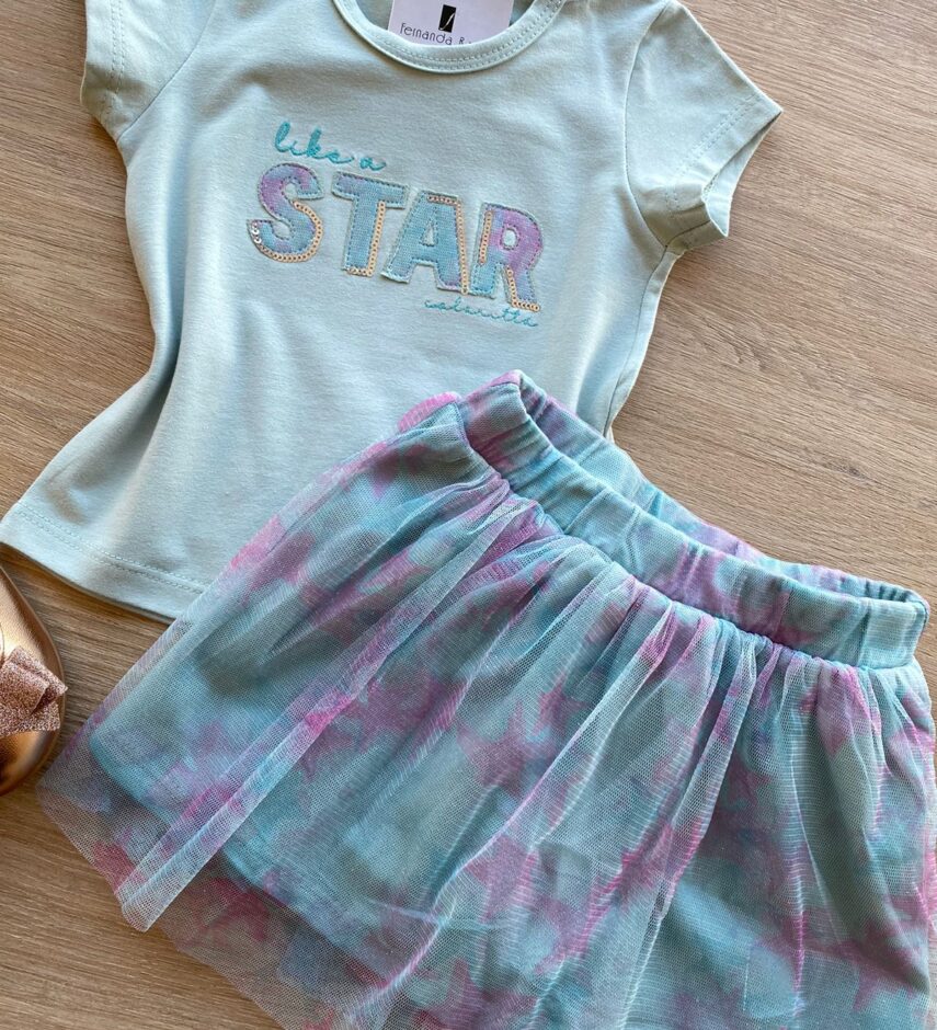 fernandaramoskids com br Conjunto Infantil Feminino Blusa e Short Saia com Tule Verde Água 1