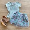 Conjunto Infantil Feminino Blusa e Short Saia com Tule Verde Água Fernanda Ramos Kids