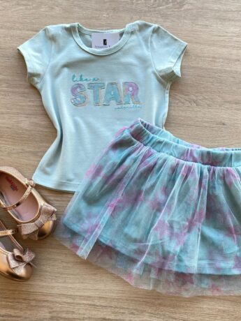 Conjunto Infantil Feminino Blusa e Short Saia com Tule Verde Água Fernanda Ramos Kids