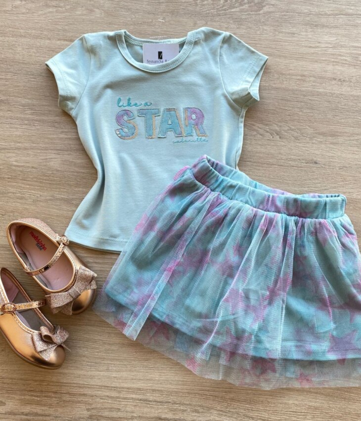 Conjunto Infantil Feminino Blusa e Short Saia com Tule Verde Água Fernanda Ramos Kids