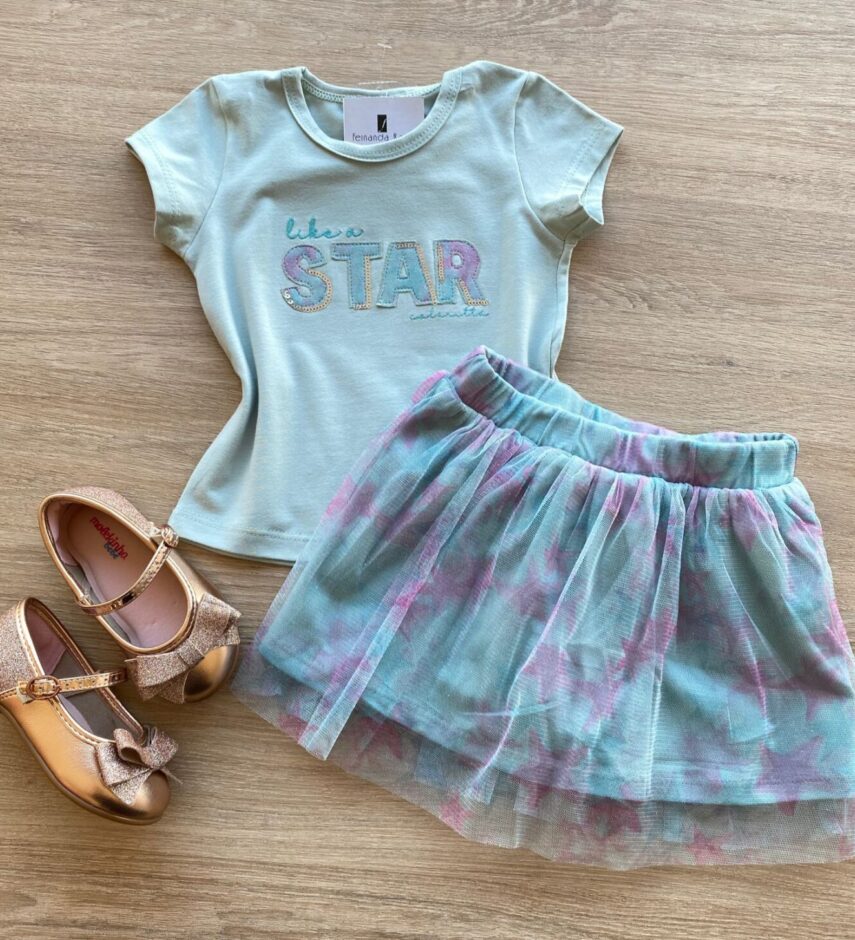 Conjunto Infantil Feminino Blusa e Short Saia com Tule Verde Água Fernanda Ramos Kids