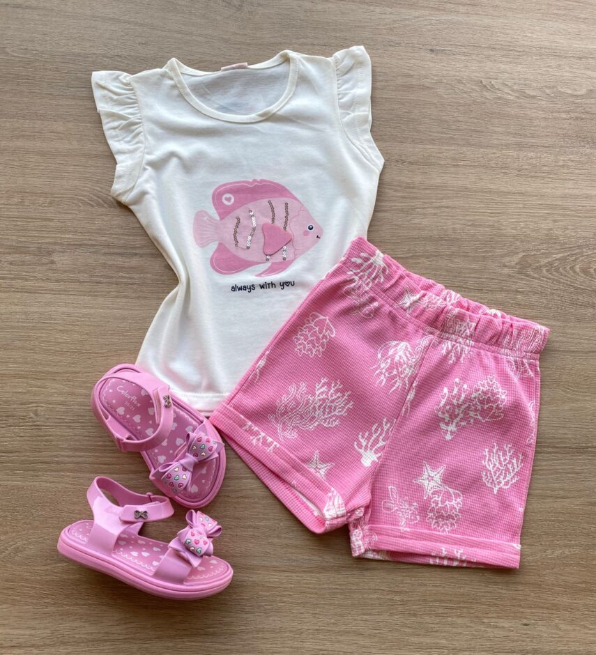 Conjunto Infantil Feminino Blusa Estampa de Peixe e Short Rosa Fernanda Ramos Kids