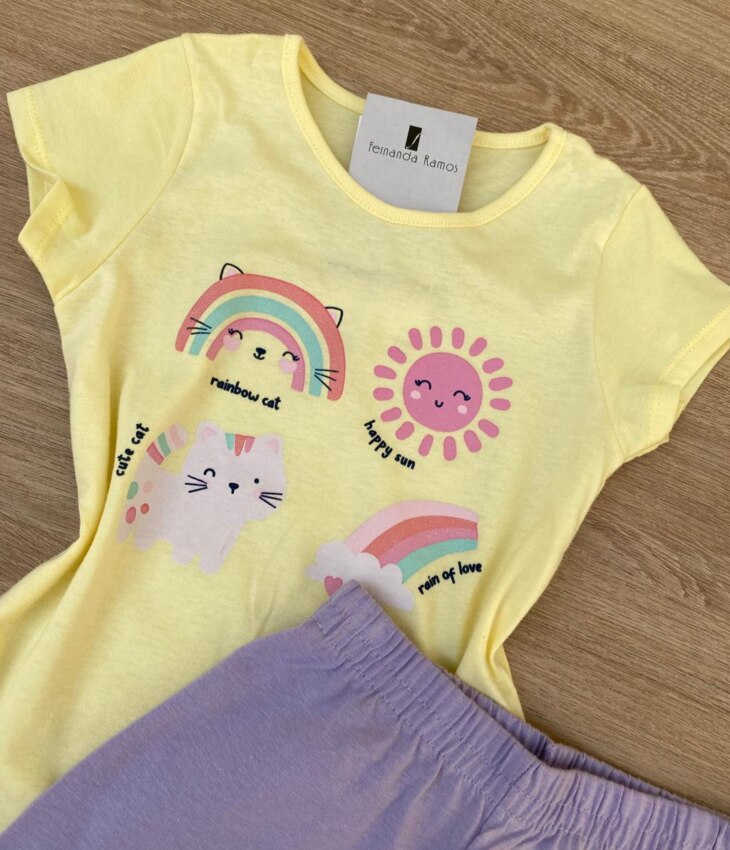 fernandaramoskids com br Conjunto Infantil Feminino Blusa Estampada Amarelo e Short Lilás 1
