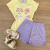Conjunto Infantil Feminino Blusa Estampada Amarelo e Short Lilás Fernanda Ramos Kids