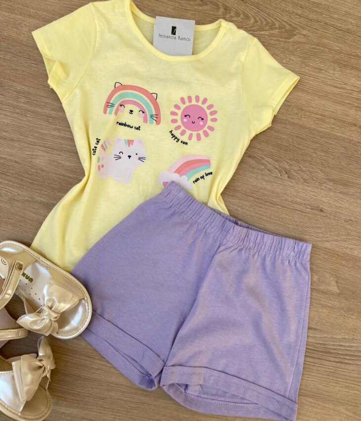 fernandaramoskids com br Conjunto Infantil Feminino Blusa Estampada Amarelo e Short Lilás 2
