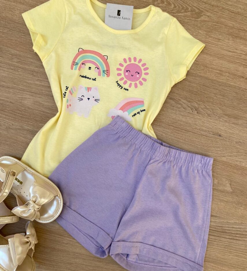 fernandaramoskids com br Conjunto Infantil Feminino Blusa Estampada Amarelo e Short Lilás 2