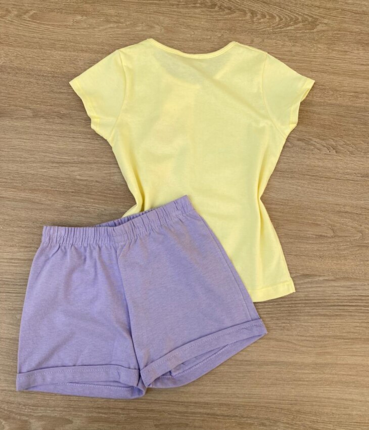 fernandaramoskids com br Conjunto Infantil Feminino Blusa Estampada Amarelo e Short Lilás 3