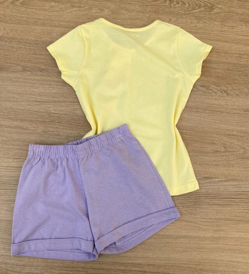 fernandaramoskids com br Conjunto Infantil Feminino Blusa Estampada Amarelo e Short Lilás 3
