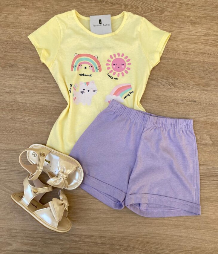Conjunto Infantil Feminino Blusa Estampada Amarelo e Short Lilás Fernanda Ramos Kids