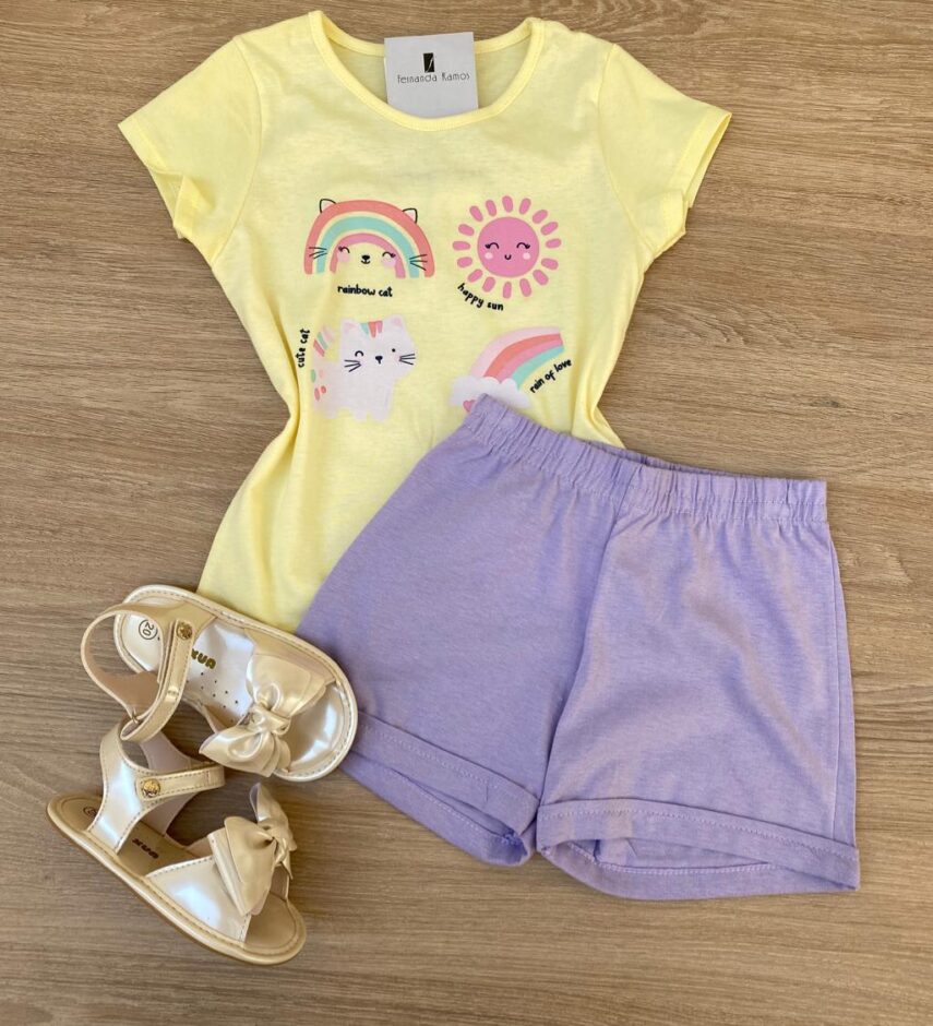 Conjunto Infantil Feminino Blusa Estampada Amarelo e Short Lilás Fernanda Ramos Kids