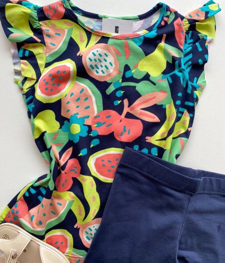 fernandaramoskids com br Conjunto Infantil Feminino Blusa Estampada e Bermuda Azul Marinho 1