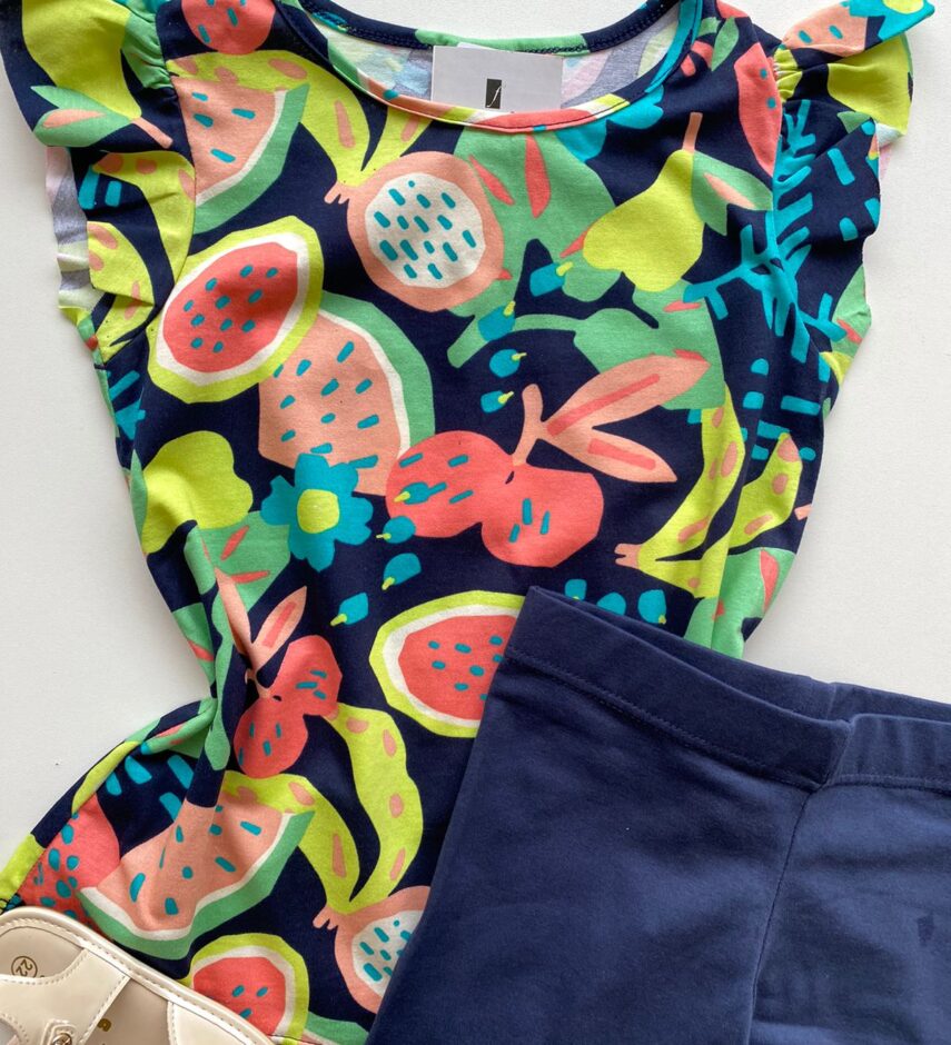 fernandaramoskids com br Conjunto Infantil Feminino Blusa Estampada e Bermuda Azul Marinho 1