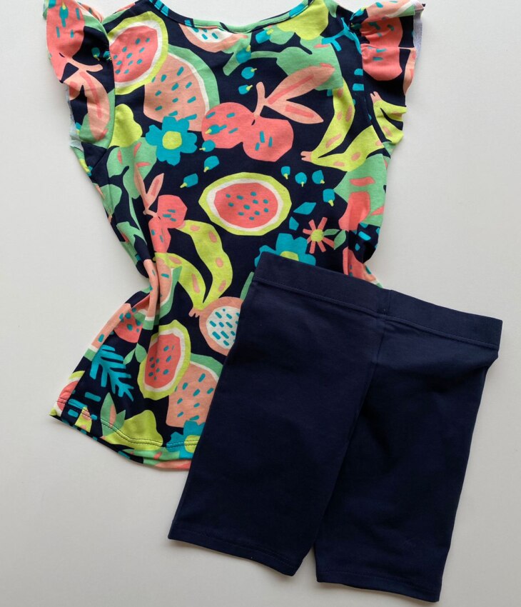 fernandaramoskids com br Conjunto Infantil Feminino Blusa Estampada e Bermuda Azul Marinho 3