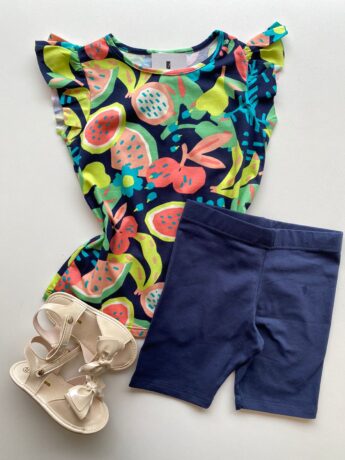 Conjunto Infantil Feminino Blusa Estampada e Bermuda Azul Marinho Fernanda Ramos Kids