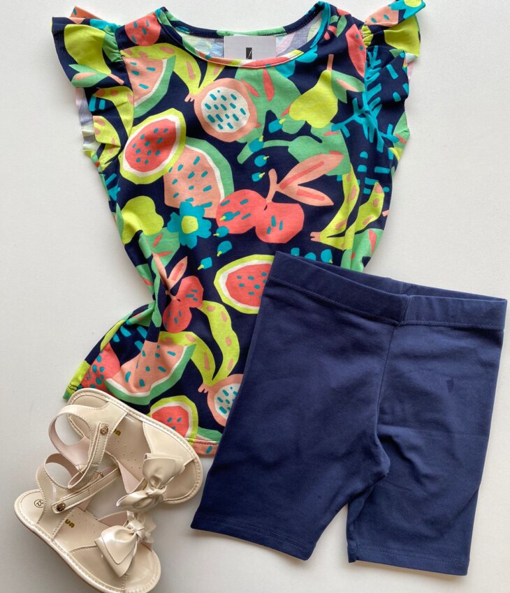 Conjunto Infantil Feminino Blusa Estampada e Bermuda Azul Marinho Fernanda Ramos Kids