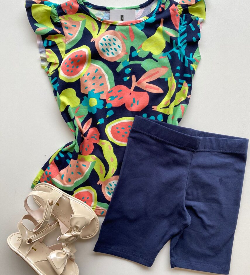 Conjunto Infantil Feminino Blusa Estampada e Bermuda Azul Marinho Fernanda Ramos Kids