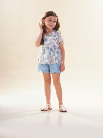 Conjunto Infantil Feminino Blusa Floral Short Acetinado Azul Fernanda Ramos Kids