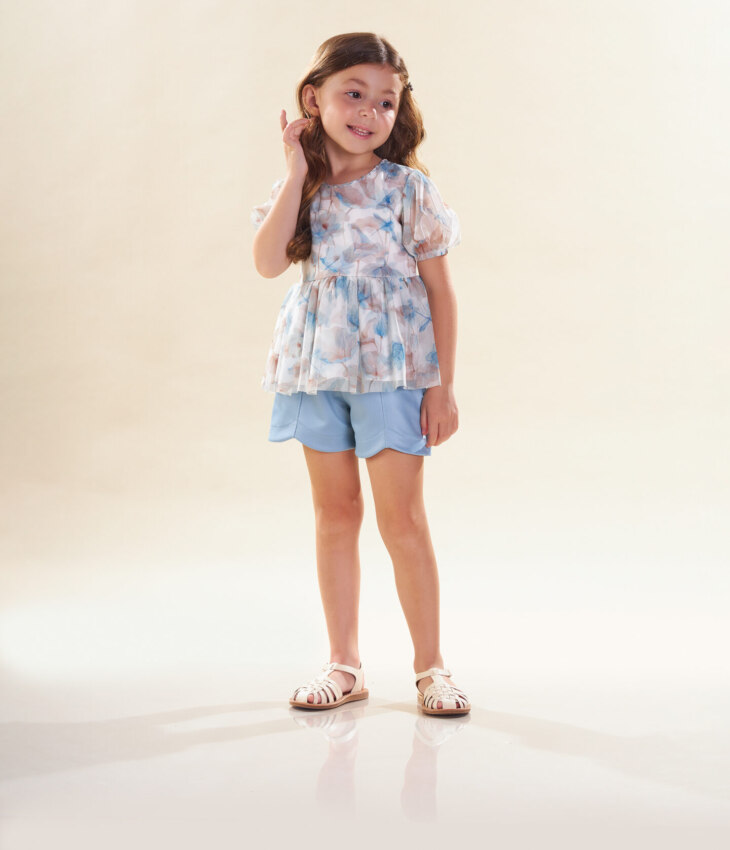 Conjunto Infantil Feminino Blusa Floral Short Acetinado Azul Fernanda Ramos Kids