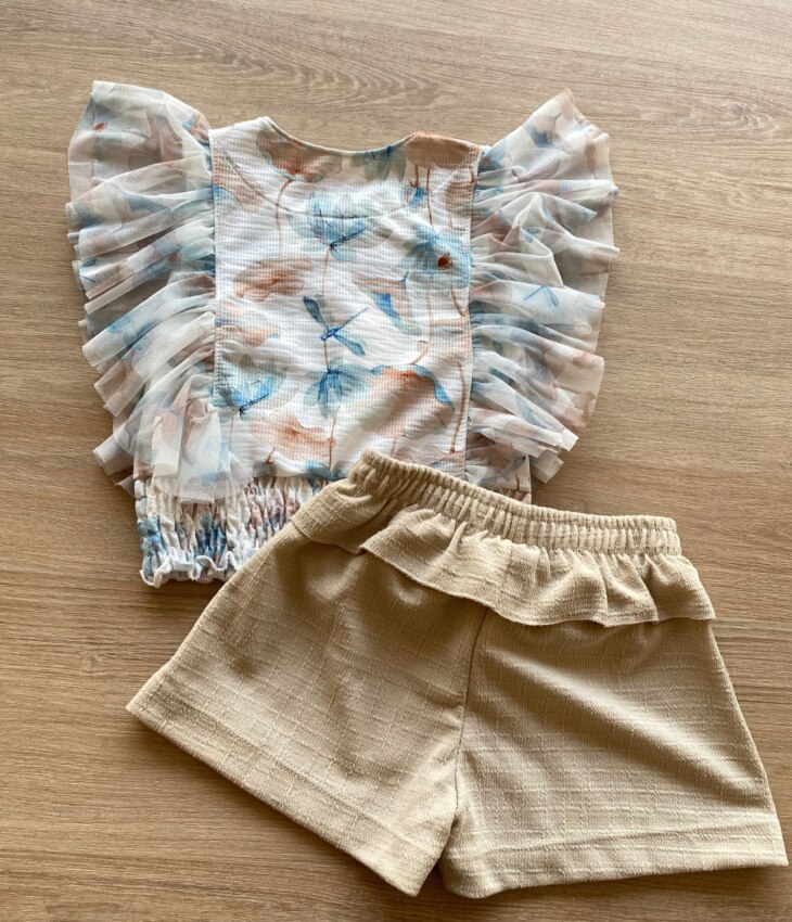 fernandaramoskids com br Conjunto Infantil Feminino Blusa Floral Short Bege 4