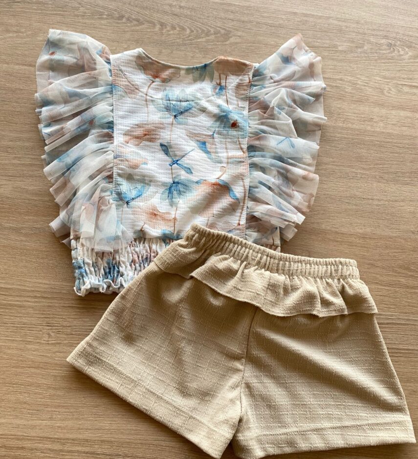 fernandaramoskids com br Conjunto Infantil Feminino Blusa Floral Short Bege 4
