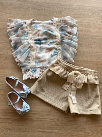 fernandaramoskids com br Conjunto Infantil Feminino Blusa Floral Short Bege 1