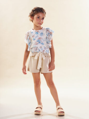Conjunto Infantil Feminino Blusa Floral Short Bege Fernanda ramos kids