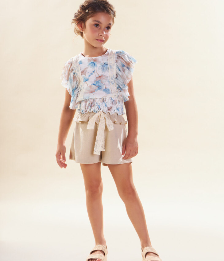 Conjunto Infantil Feminino Blusa Floral Short Bege Fernanda ramos kids
