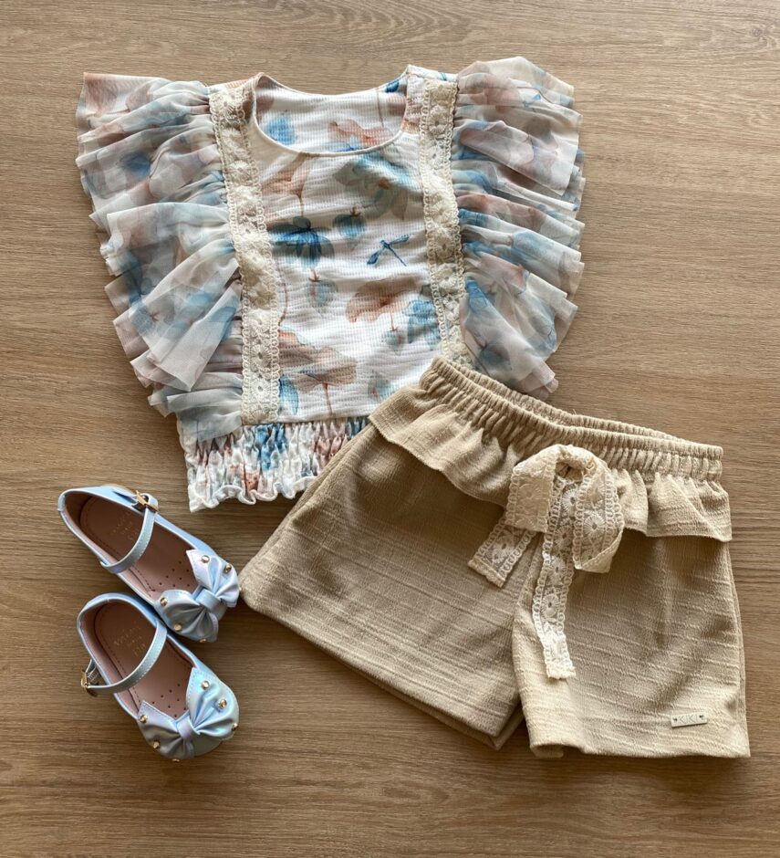 fernandaramoskids com br Conjunto Infantil Feminino Blusa Floral Short Bege 1