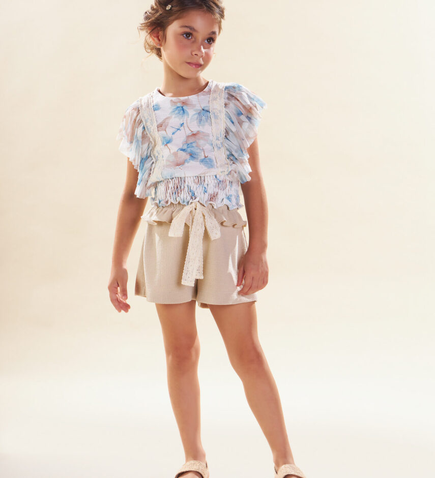 Conjunto Infantil Feminino Blusa Floral Short Bege Fernanda ramos kids