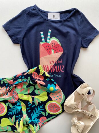 fernandaramoskids com br Conjunto Infantil Feminino Blusa Manga Curta Azul Marinho e Short Estampado 1