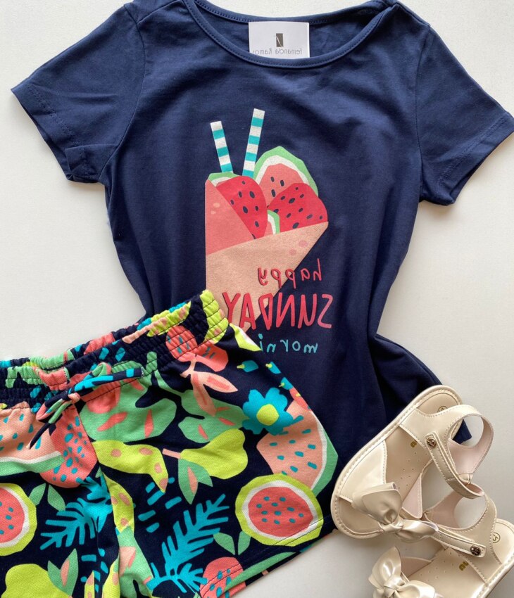 fernandaramoskids com br Conjunto Infantil Feminino Blusa Manga Curta Azul Marinho e Short Estampado 1