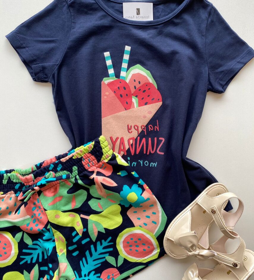 fernandaramoskids com br Conjunto Infantil Feminino Blusa Manga Curta Azul Marinho e Short Estampado 1