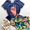 Conjunto Infantil Feminino Blusa Manga Curta Azul Marinho e Short Estampado Fernanda Ramos Kids