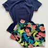 fernandaramoskids com br Conjunto Infantil Feminino Blusa Manga Curta Azul Marinho e Short Estampado 2