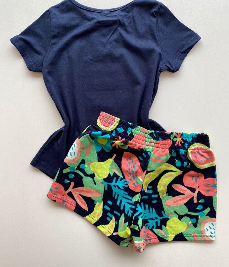 fernandaramoskids com br Conjunto Infantil Feminino Blusa Manga Curta Azul Marinho e Short Estampado 2