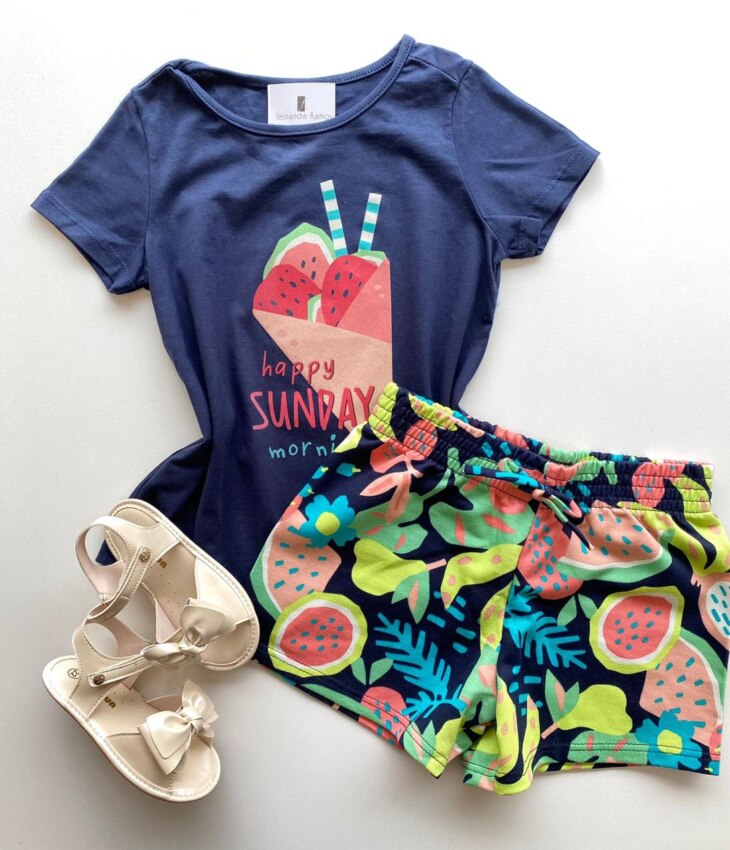 Conjunto Infantil Feminino Blusa Manga Curta Azul Marinho e Short Estampado Fernanda Ramos Kids