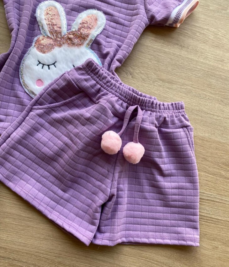 fernandaramoskids com br Conjunto Infantil Feminino Blusa Manga Curta Coelho e Short Lilás 2