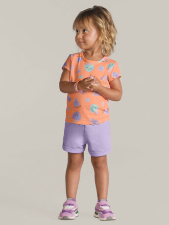 Conjunto Infantil Feminino Blusa Manga Curta Estampada e Short Lilás Fernanda ramos kids