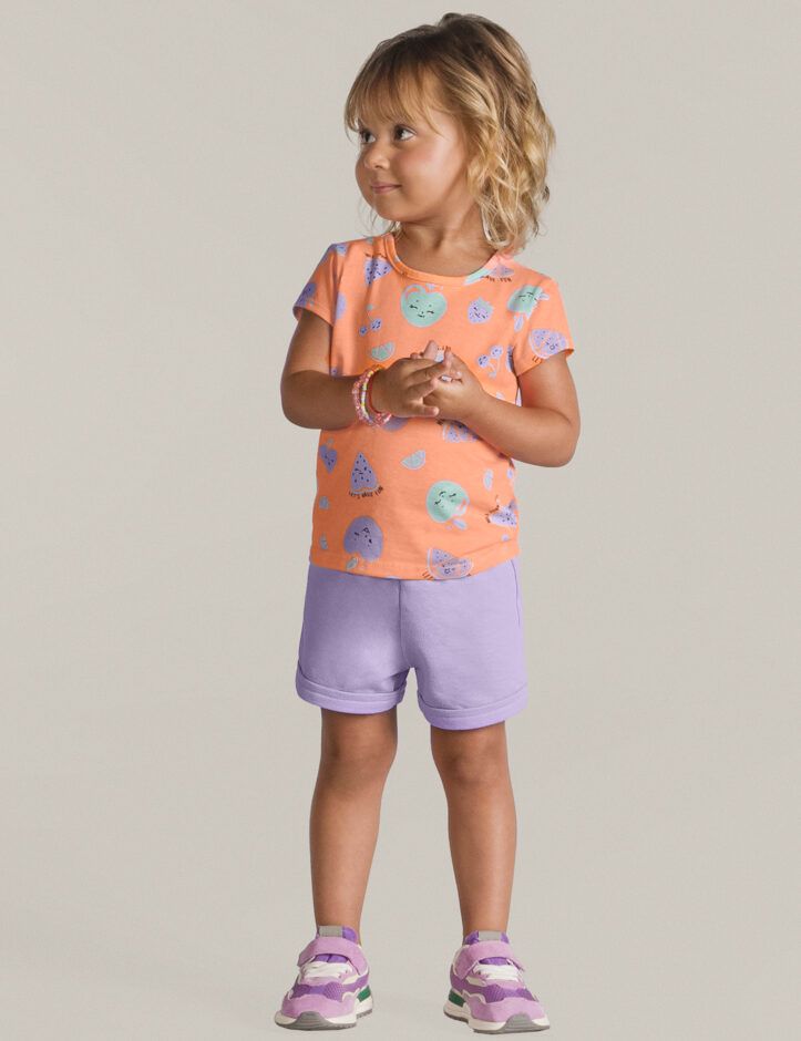 Conjunto Infantil Feminino Blusa Manga Curta Estampada e Short Lilás Fernanda ramos kids