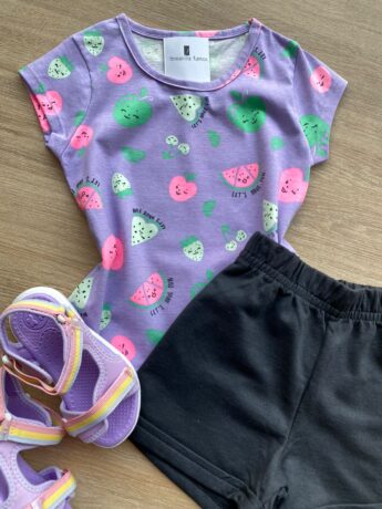 fernandaramoskids com br Conjunto Infantil Feminino Blusa Manga Curta Estampada e Short Preto 1