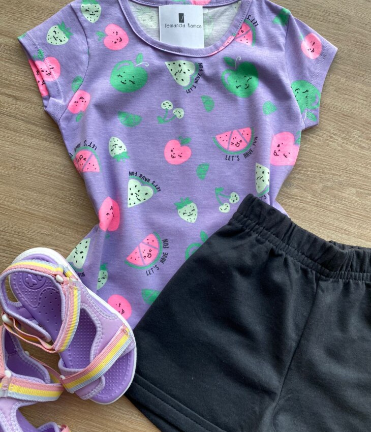 fernandaramoskids com br Conjunto Infantil Feminino Blusa Manga Curta Estampada e Short Preto 1