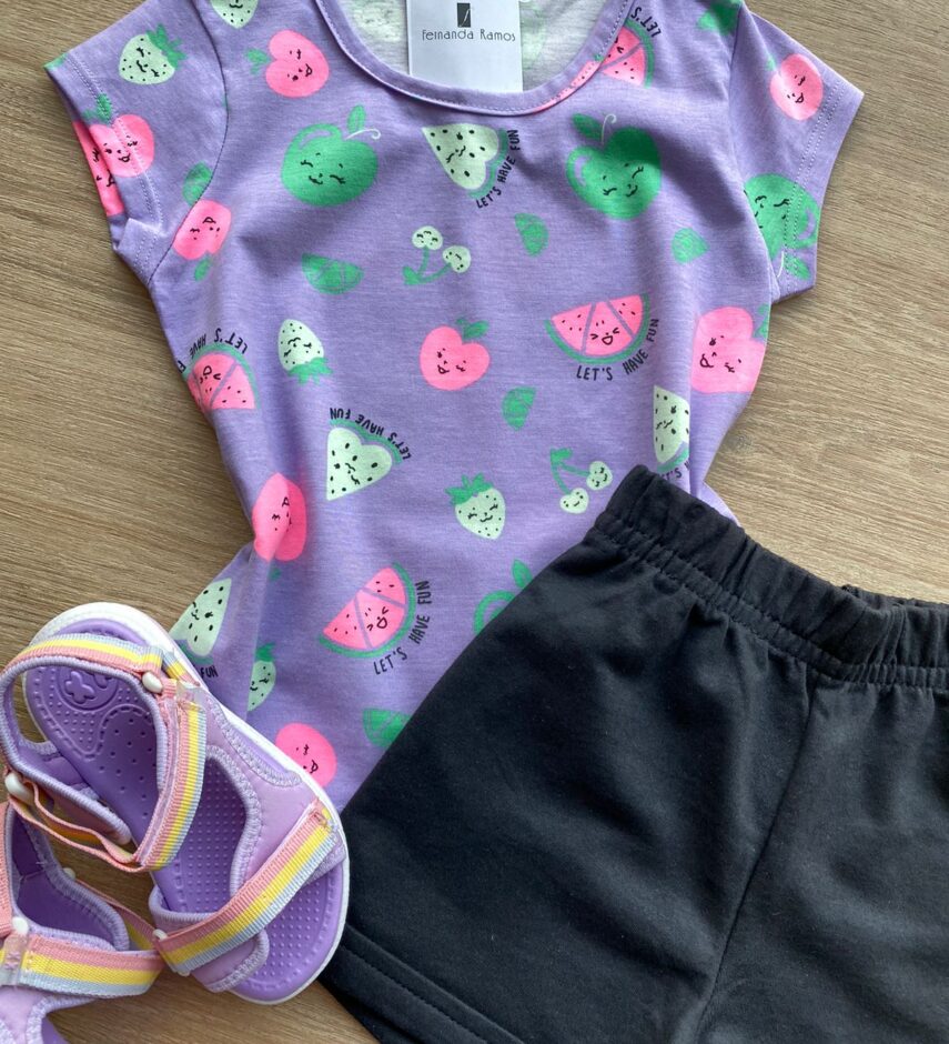fernandaramoskids com br Conjunto Infantil Feminino Blusa Manga Curta Estampada e Short Preto 1