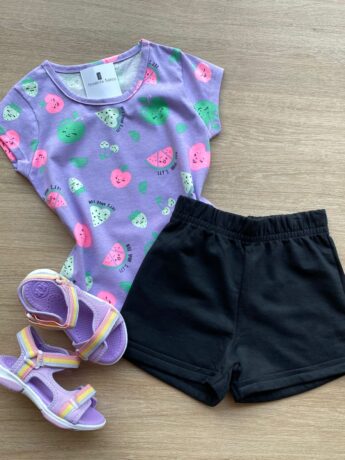 Conjunto Infantil Feminino Blusa Manga Curta Estampada e Short Preto Fernanda Ramos Kids