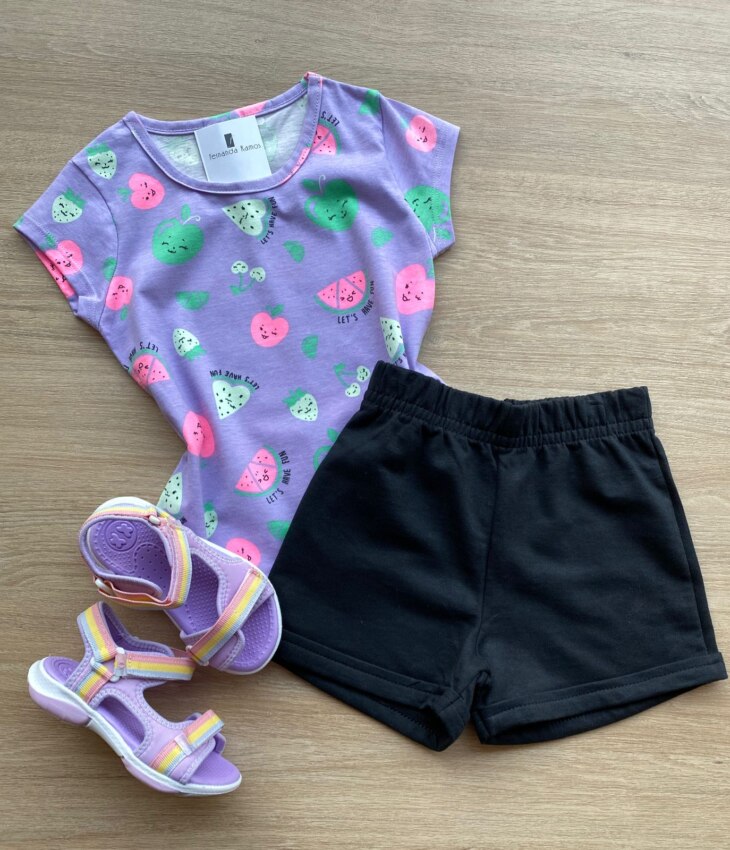 Conjunto Infantil Feminino Blusa Manga Curta Estampada e Short Preto Fernanda Ramos Kids